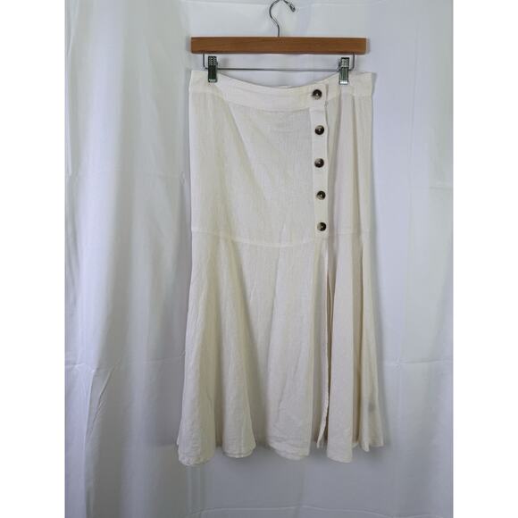Free People Ivory Linen Blend Skirt Size 8 Midi Button Down Summer Lightweight - Picture 1 of 9
